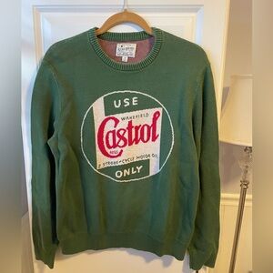 Lucky Brand Sweater Mens Medium Green Retro Red Castrol Graphic Cotton Knit